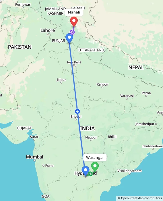 Route map showing distance and travel time from Warangal, India to Manali, India