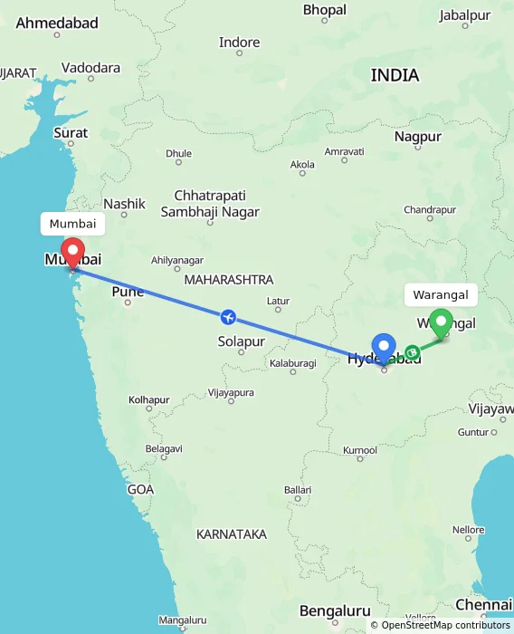 Route map showing distance and travel time from Warangal, India to Mumbai, India