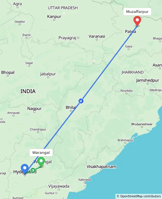 Route map showing distance and travel time from Warangal, India to Muzaffarpur, India