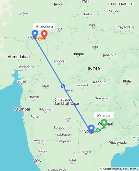 Route map showing distance and travel time from Warangal, India to Nimbahera, India