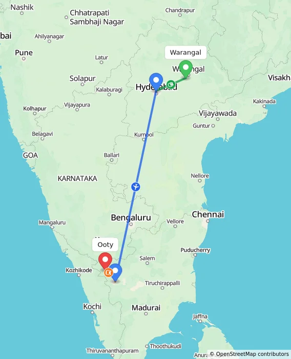 Route map showing distance and travel time from Warangal, India to Ooty, India