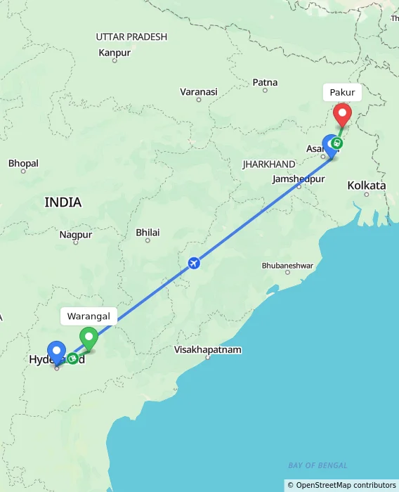 Route map showing distance and travel time from Warangal, India to Pakur, India