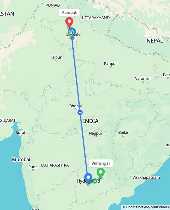 Route map showing distance and travel time from Warangal, India to Panipat, India