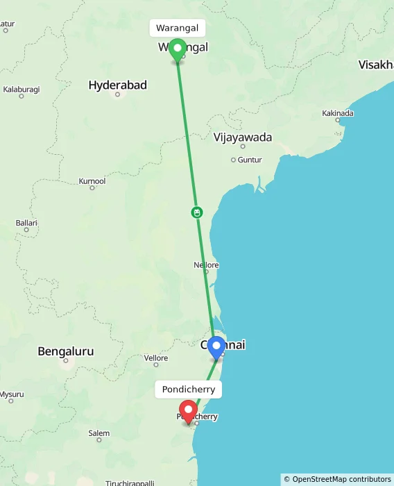 Route map showing distance and travel time from Warangal, India to Puducherry, India