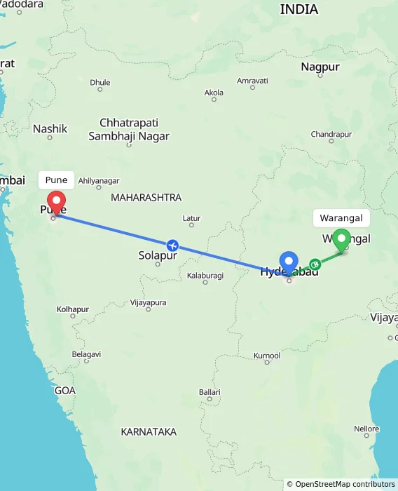 Route map showing distance and travel time from Warangal, India to Pune, India