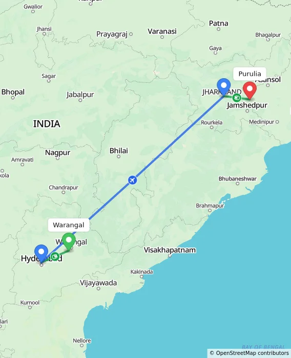 Route map showing distance and travel time from Warangal, India to Purulia, India