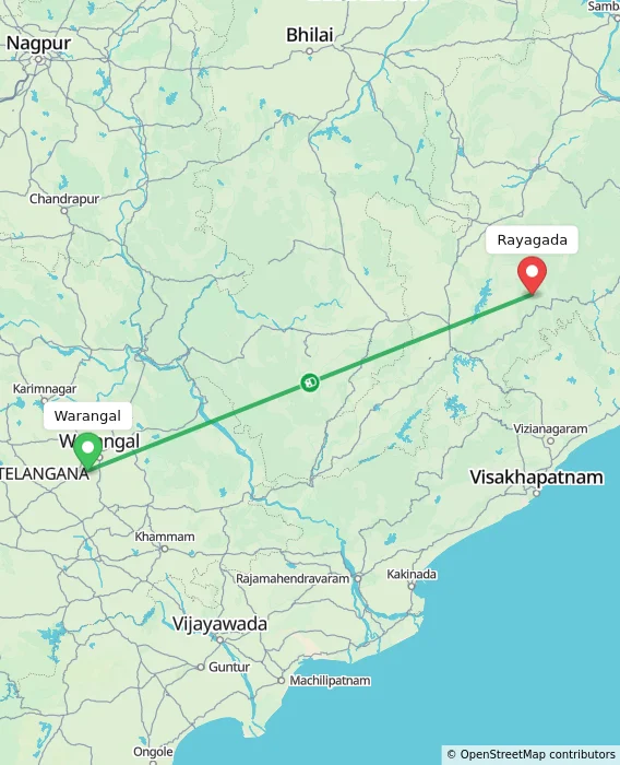 Route map showing distance and travel time from Warangal, India to Rayagada, India