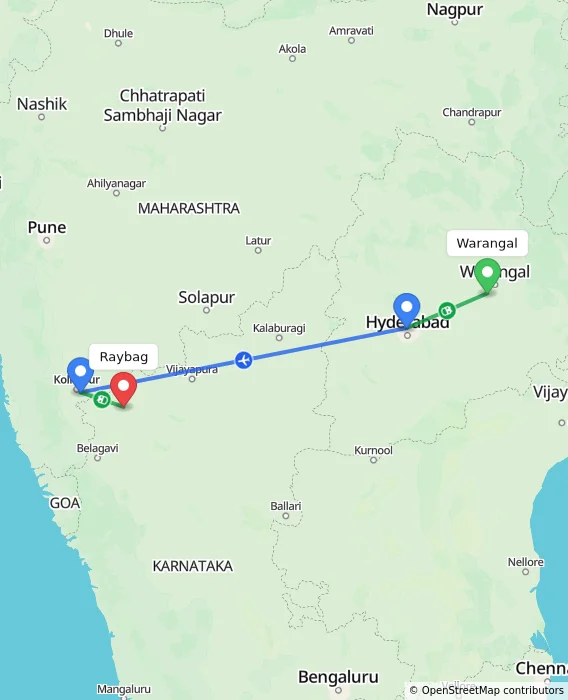Route map showing distance and travel time from Warangal, India to Raybag, India