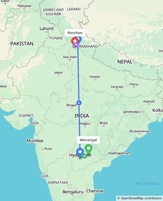 Route map showing distance and travel time from Warangal, India to Roorkee, India