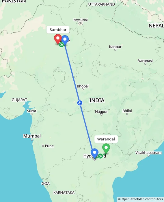 Route map showing distance and travel time from Warangal, India to Sambhar, India