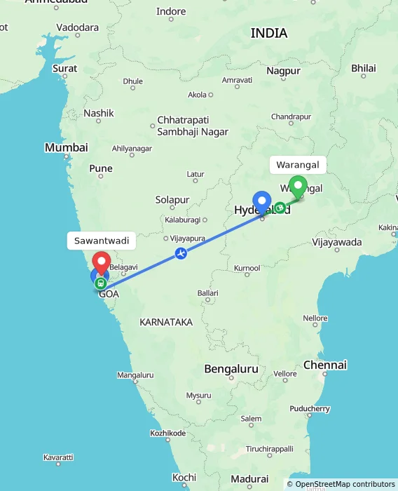 Route map showing distance and travel time from Warangal, India to Sawantwadi, India