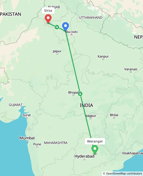 Route map showing distance and travel time from Warangal, India to Sirsa, India