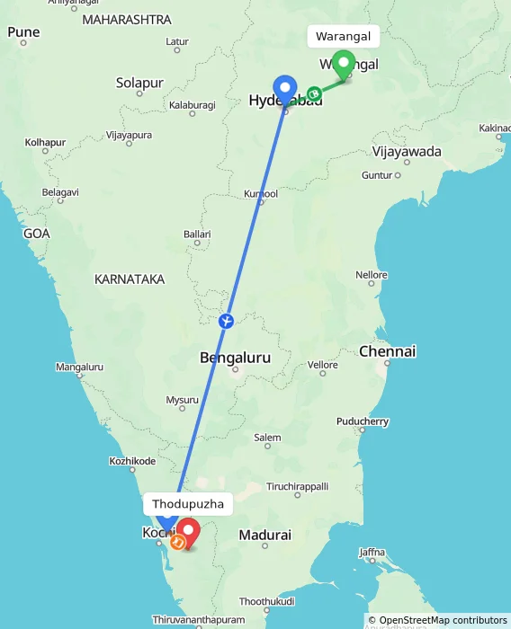 Route map showing distance and travel time from Warangal, India to Thodupuzha, India