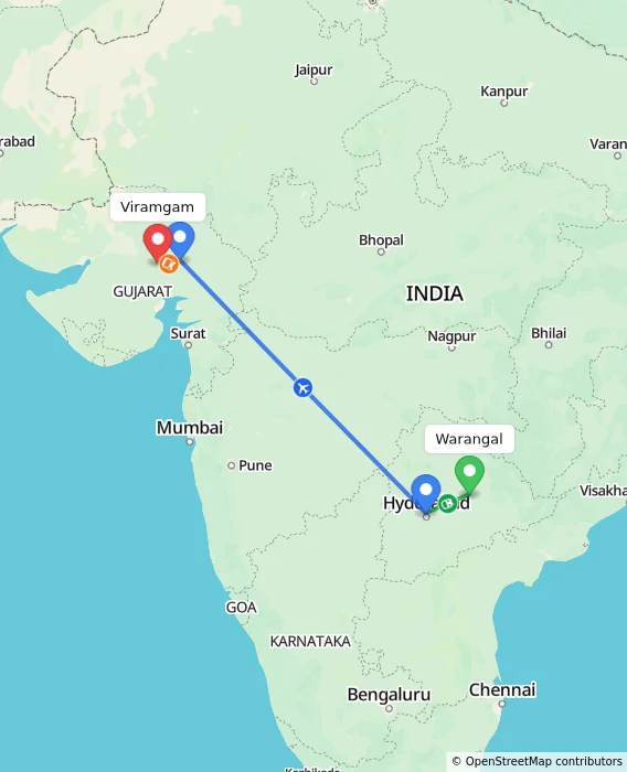Route map showing distance and travel time from Warangal, India to Viramgam, India