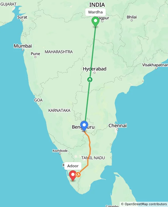 Route map showing distance and travel time from Wardha, India to Adoor, India