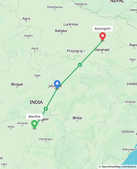 Route map showing distance and travel time from Wardha, India to Azamgarh, India