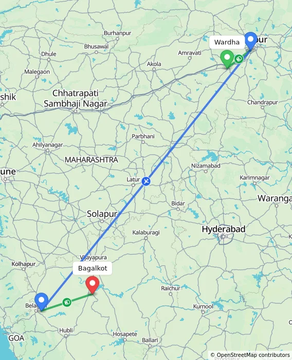 Route map showing distance and travel time from Wardha, India to Bagalkot, India