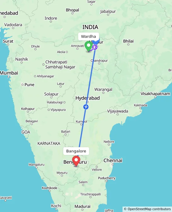 Route map showing distance and travel time from Wardha, India to Bangalore, India