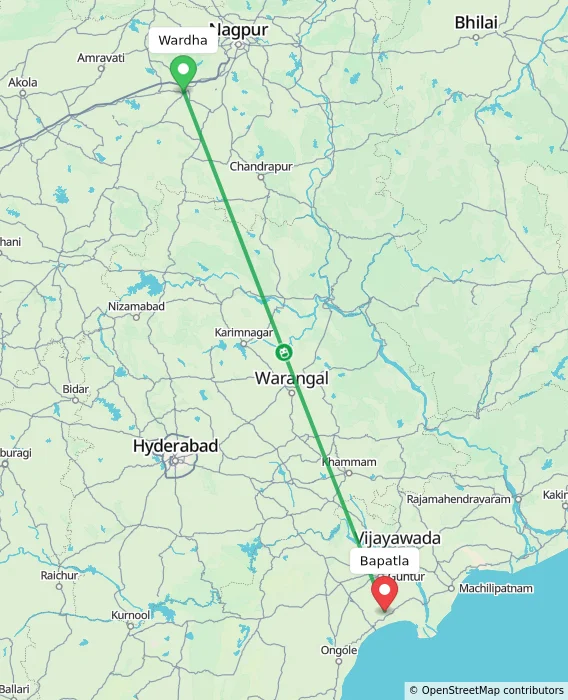 Route map showing distance and travel time from Wardha, India to Bapatla, India