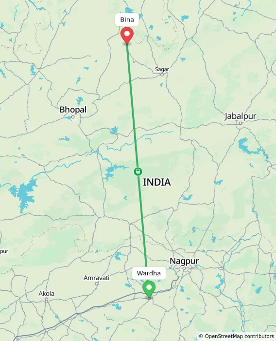 Route map showing distance and travel time from Wardha, India to Bina, India