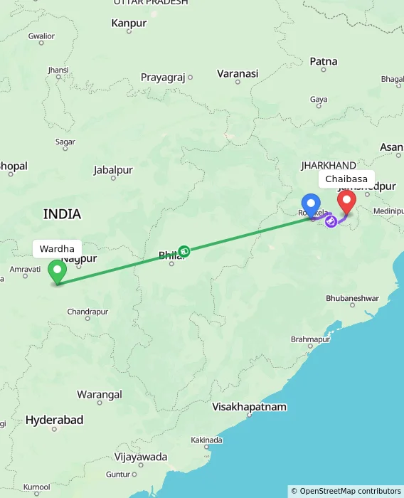 Route map showing distance and travel time from Wardha, India to Chaibasa, India