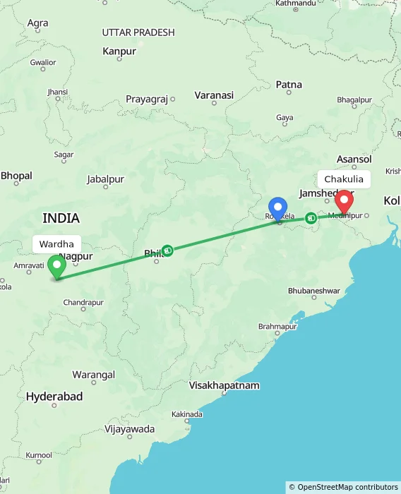 Route map showing distance and travel time from Wardha, India to Chakulia, India
