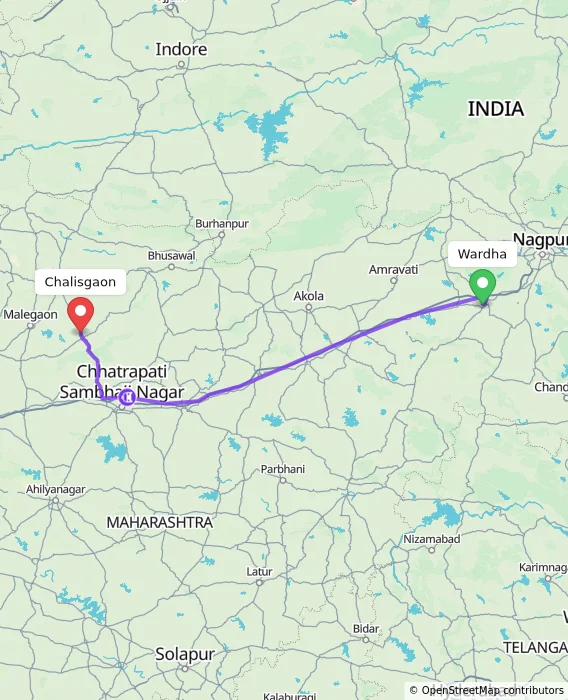 Route map showing distance and travel time from Wardha, India to Chalisgaon, India