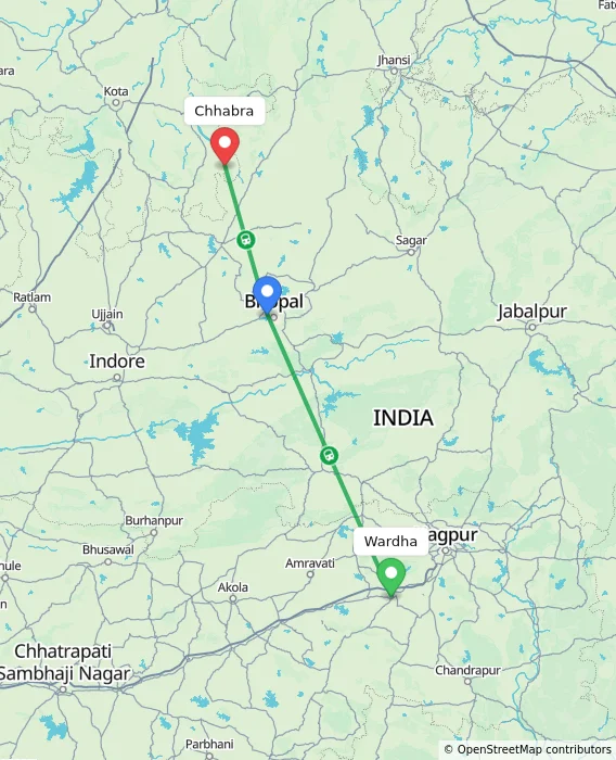 Route map showing distance and travel time from Wardha, India to Chhabra, India