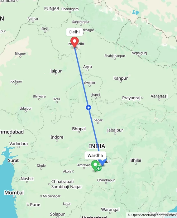 Route map showing distance and travel time from Wardha, India to Delhi, India