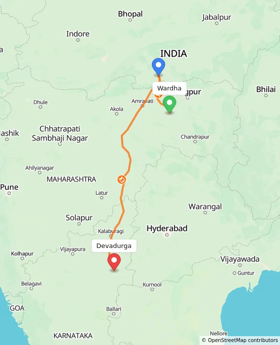 Route map showing distance and travel time from Wardha, India to Devadurga, India