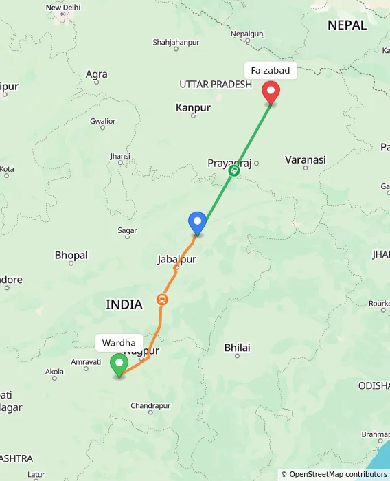 Route map showing distance and travel time from Wardha, India to Faizabad, India