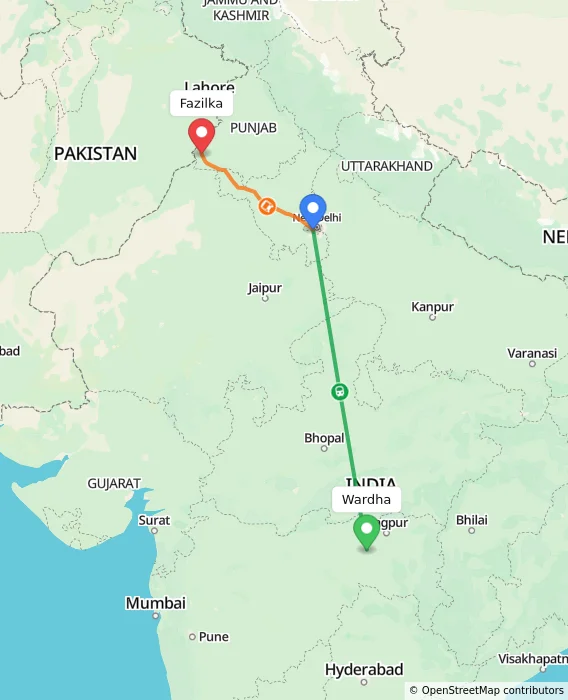 Route map showing distance and travel time from Wardha, India to Fazilka, India