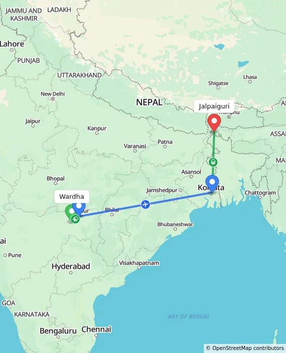 Route map showing distance and travel time from Wardha, India to Jalpaiguri, India