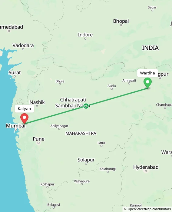 Route map showing distance and travel time from Wardha, India to Kalyan, India