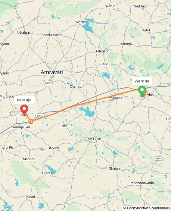 Route map showing distance and travel time from Wardha, India to Karanja, India
