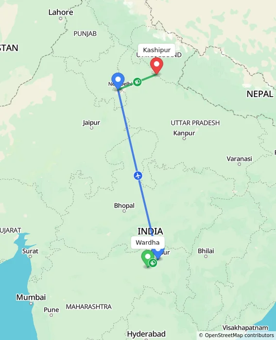 Route map showing distance and travel time from Wardha, India to Kashipur, India