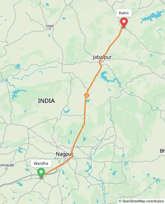 Route map showing distance and travel time from Wardha, India to Katni, India