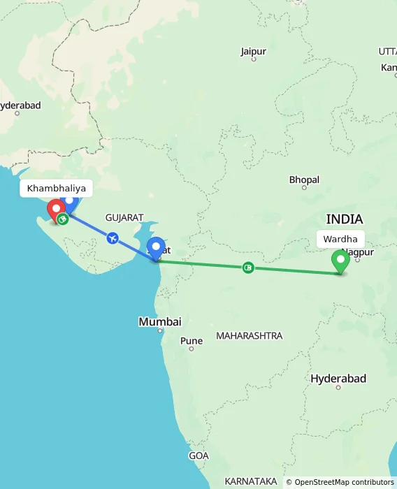 Route map showing distance and travel time from Wardha, India to Khambhaliya, India