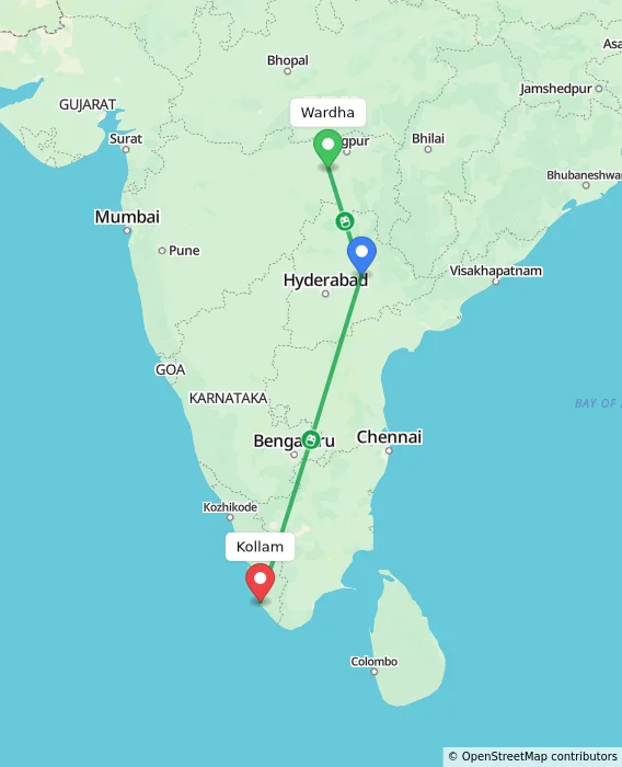 Route map showing distance and travel time from Wardha, India to Kollam, India