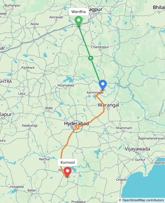 Route map showing distance and travel time from Wardha, India to Kurnool, India