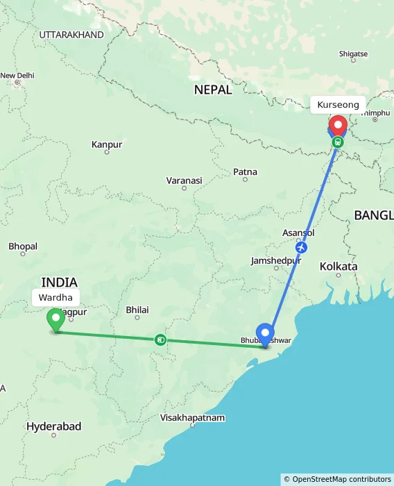 Route map showing distance and travel time from Wardha, India to Kurseong, India