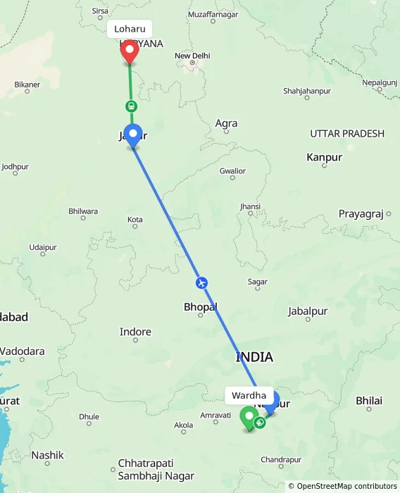 Route map showing distance and travel time from Wardha, India to Loharu, India