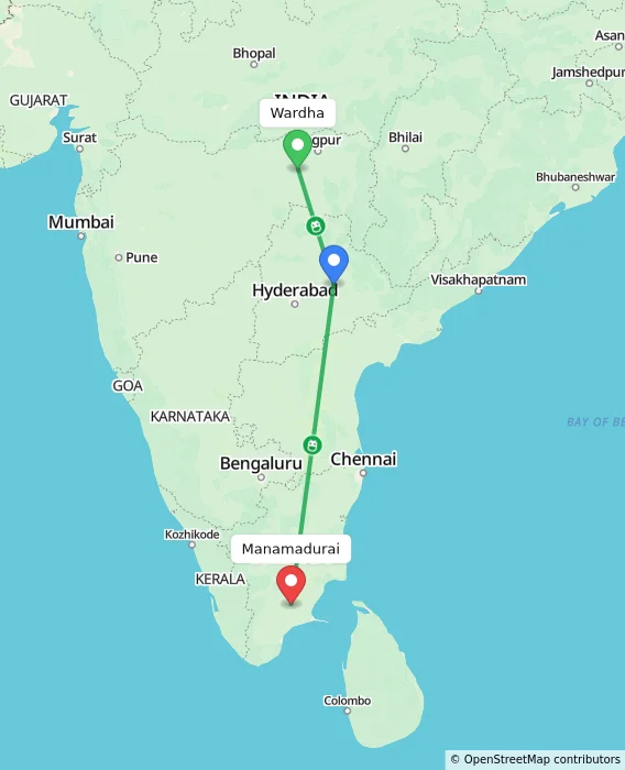 Route map showing distance and travel time from Wardha, India to Manamadurai, India