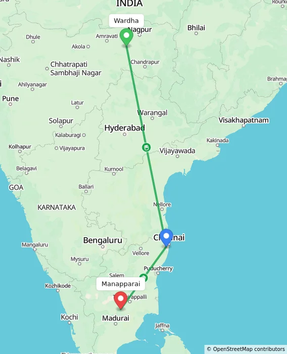 Route map showing distance and travel time from Wardha, India to Manapparai, India
