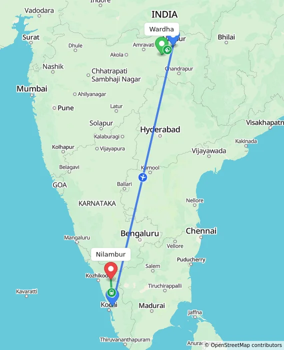Route map showing distance and travel time from Wardha, India to Nilambur, India