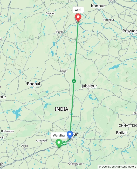 Route map showing distance and travel time from Wardha, India to Orai, India