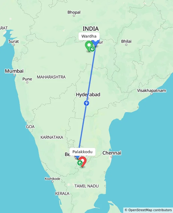 Route map showing distance and travel time from Wardha, India to Palakkodu, India