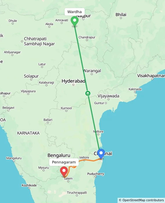 Route map showing distance and travel time from Wardha, India to Pennagaram, India