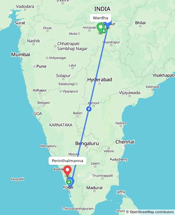 Route map showing distance and travel time from Wardha, India to Perinthalmanna, India