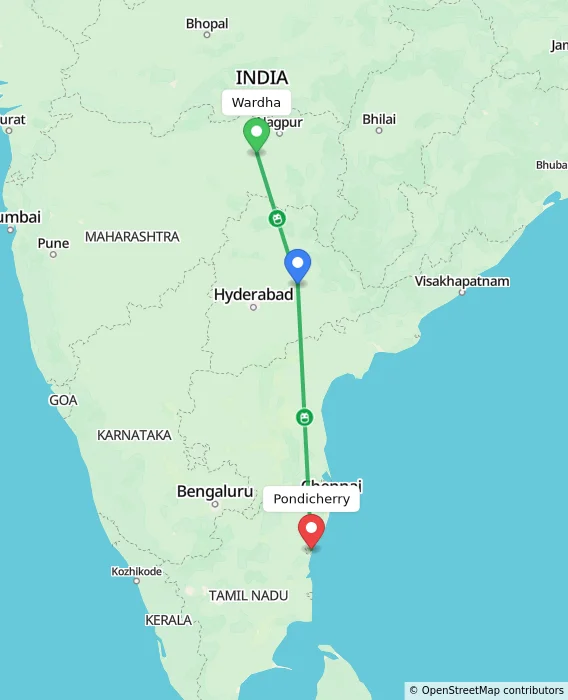 Route map showing distance and travel time from Wardha, India to Pondicherry, India